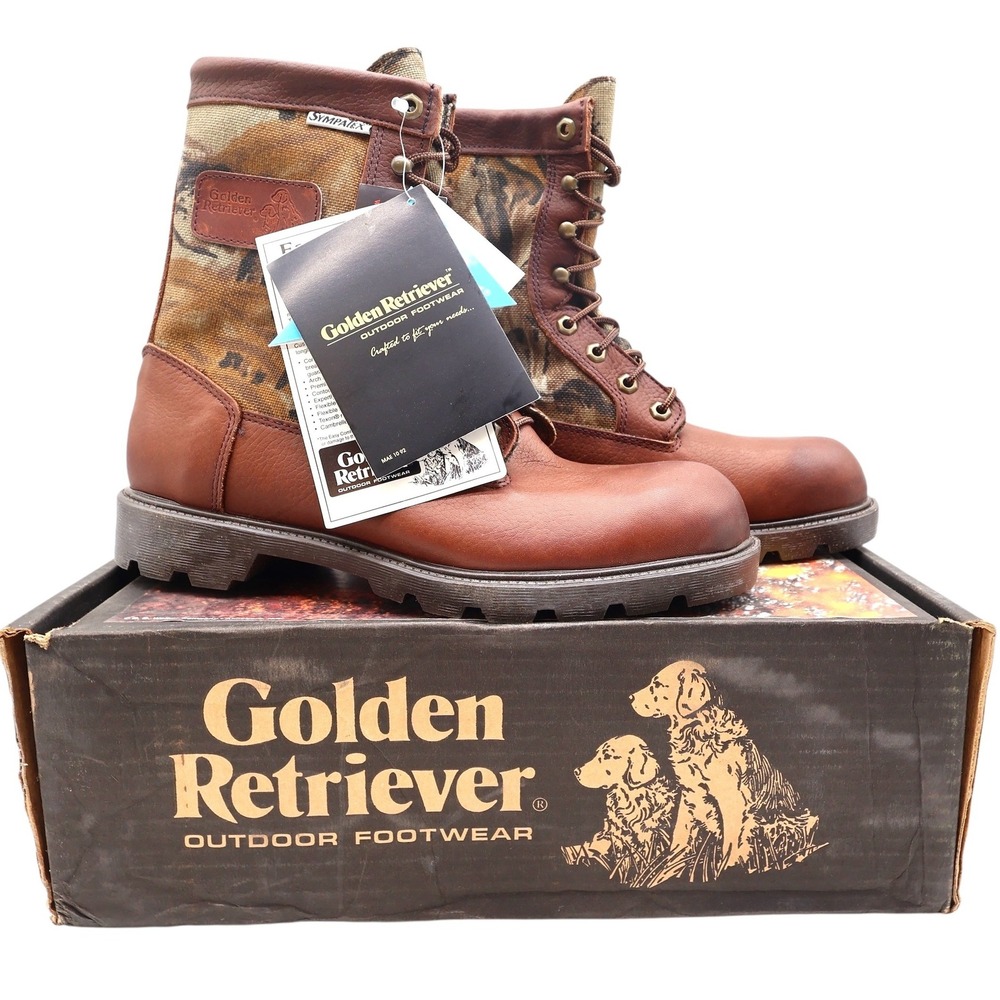 Golden Retriever 90s Vintage Hunting Boots Mens 8.5 Brown Camo Leather NWT